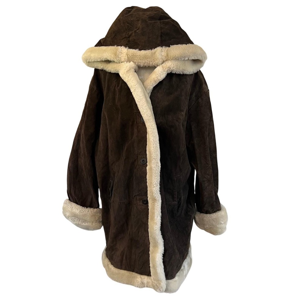 Vintage Wilsons Brown Leather Shearling Coat Hooded Y2K Oversized XL